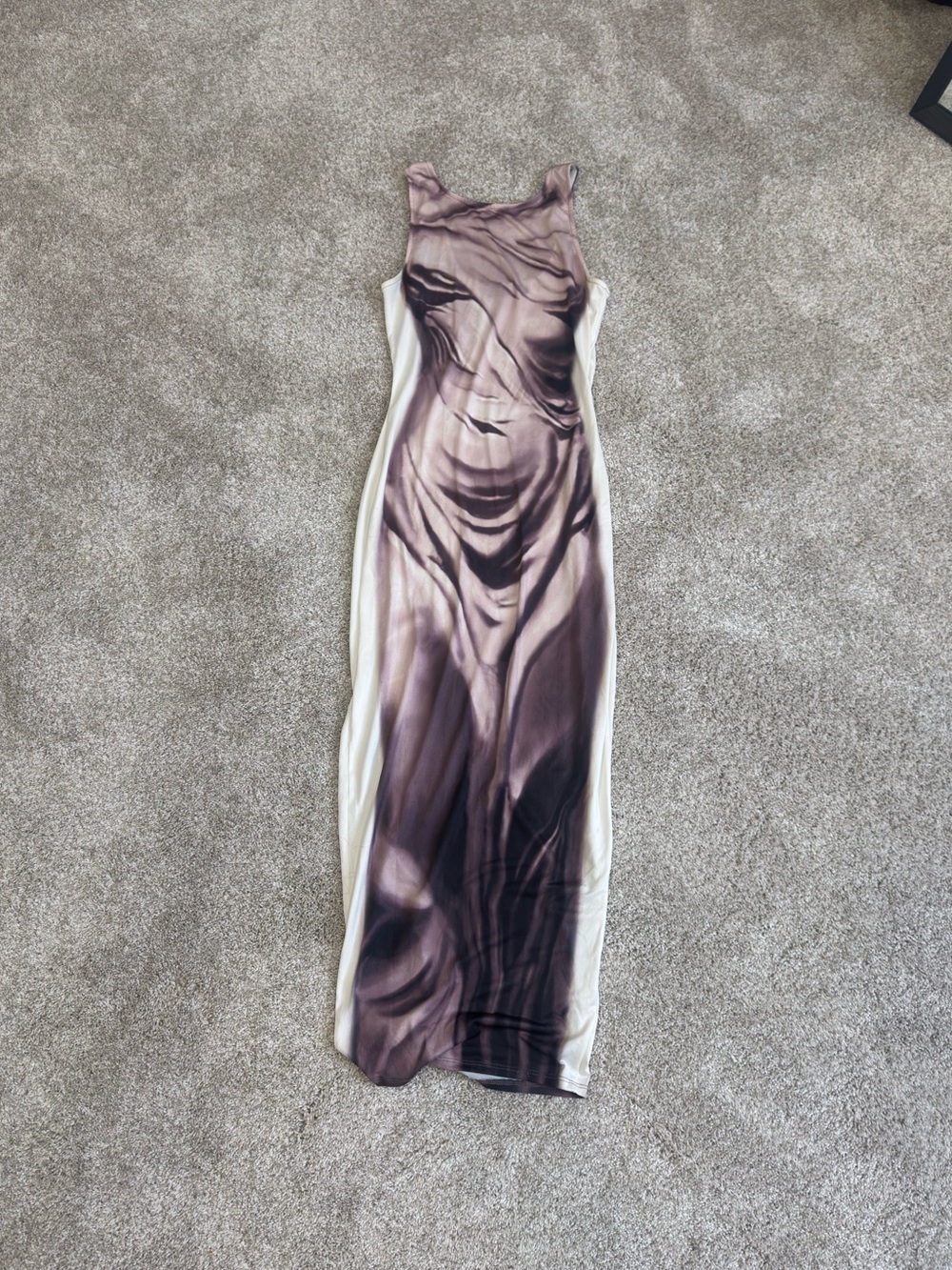 Sleeveless Purple and White Abstract Body CoArt Marble Print Bodycon Midi Dress
